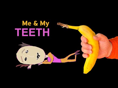 Me and My Teeth - film title in image of cartoon sidewalk guy and a hand holding a banana